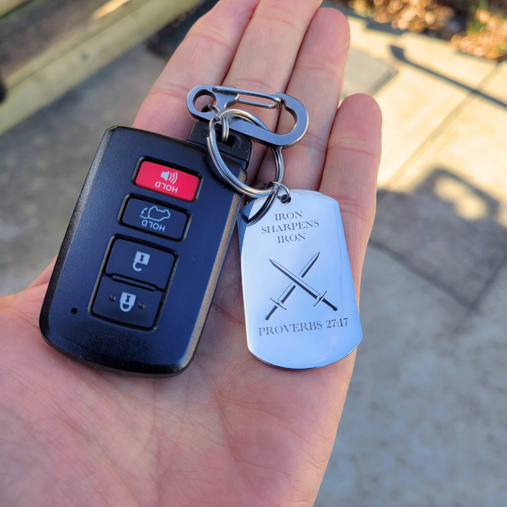 Iron Sharpens Iron Key Chain: Proverbs 27:17 Engraving