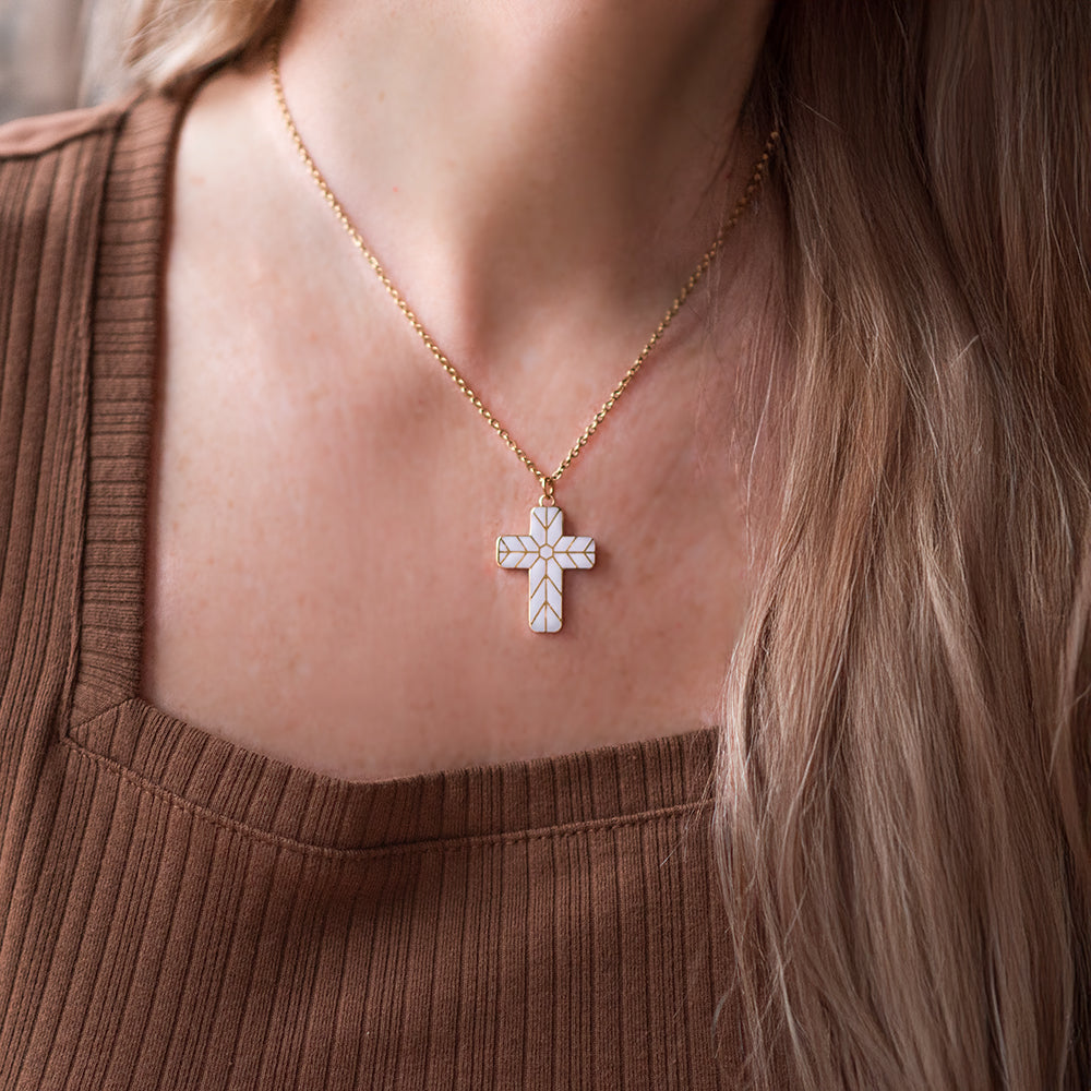 Geometric Enamel Cross Necklace - White