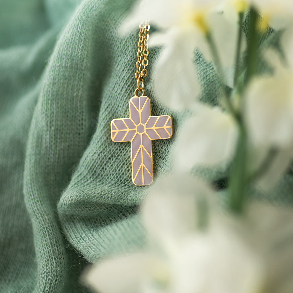 Geometric Enamel Cross Necklace - Lilac
